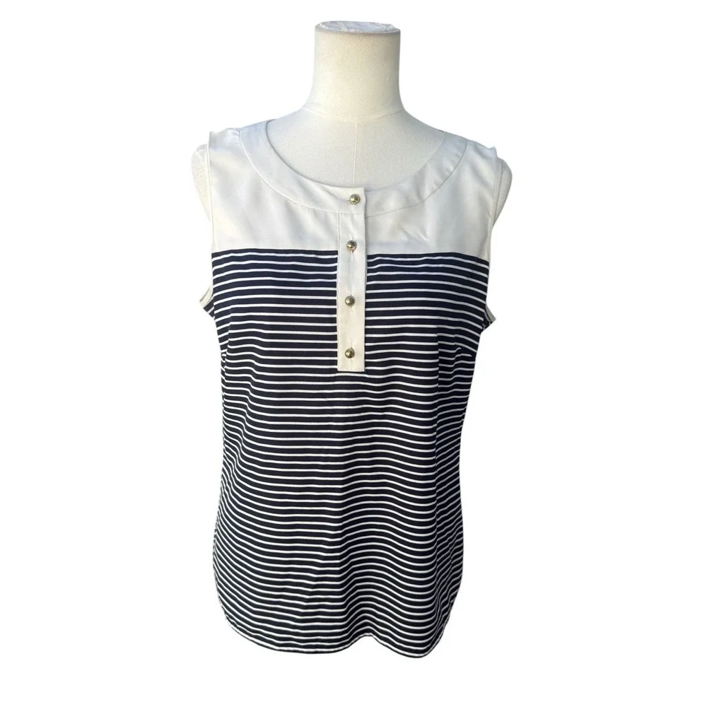 Banana Republic Womens Large Navy White Striped Sleeveless Blouse Gold Buttons